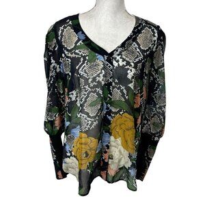 Cabi Women's L Sheer Puff Sleeve Blouse Black Floral